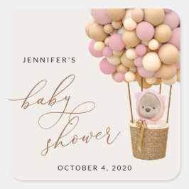 Adesivo Quadrado Urso, Balões Rosa, Balão de Ar Quente, Chá de fral