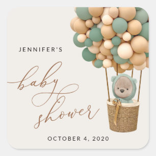 Adesivo Quadrado Urso, Balões Verdes, Balão de Ar Quente, Chá de fr