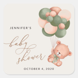 Adesivo Quadrado Urso Bebê, Urso Teddy, Balões Verdes, Chá de frald