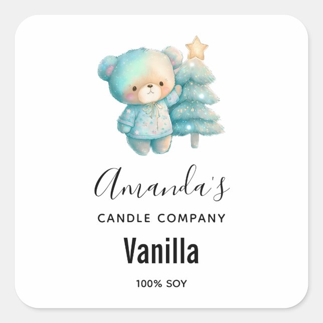 Adesivo Quadrado Urso Bonito e Árvore de Natal - Empresa de Velas (Frente)
