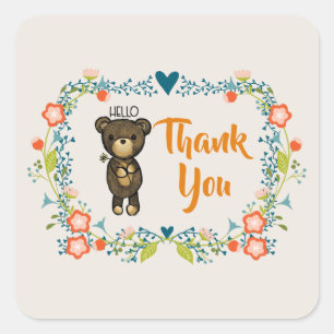 Adesivo Quadrado Urso bonito, flor amarela & obrigado floral da