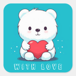 Adesivo Quadrado Urso branco com coração, personalizado