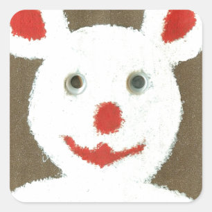 Adesivo Quadrado Urso Branco com Nariz Vermelho, Boca e Ouvidos (Pa