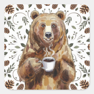 Adesivo Quadrado Urso Com Café