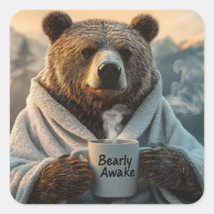 Adesivo Quadrado Urso com túnica de café