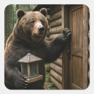 Adesivo Quadrado Urso com um alimentador de aves vazio