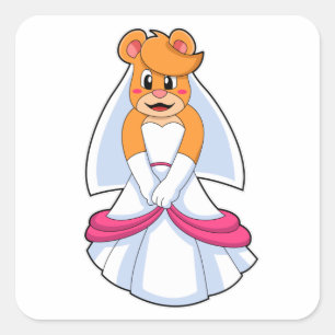 Adesivo Quadrado Urso com Vestido de Casamento e Véu