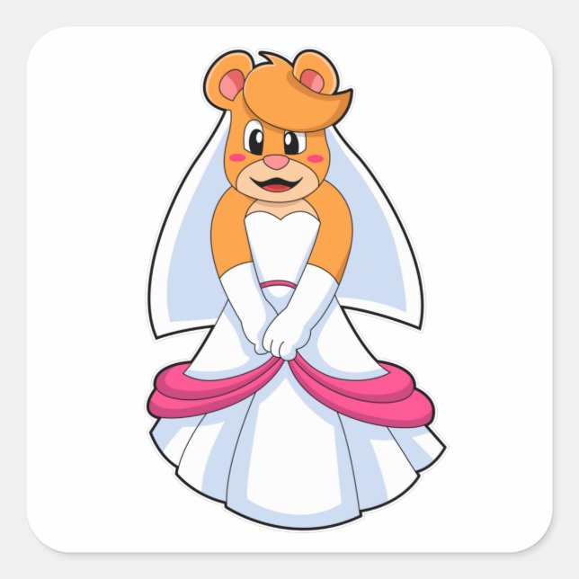 Adesivo Quadrado Urso com Vestido de Casamento e Véu (Frente)