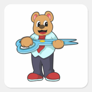 Adesivo Quadrado Urso como cabeleireiro com tesoura
