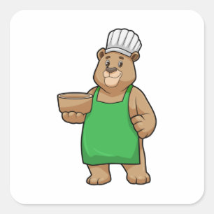 Adesivo Quadrado Urso como Cozinheiro com placa de Cozinhar e Bowl