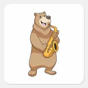 Adesivo Quadrado Urso como músico com saxofone