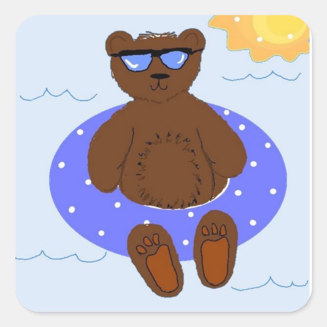 Adesivo Quadrado Urso da Festa na Piscina (Frente)