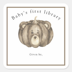 Adesivo Quadrado Urso de abóbora de outono - primeira biblioteca do