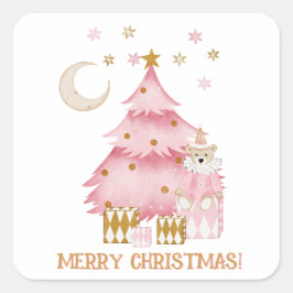 Adesivo Quadrado Urso de algodão doce de inverno, cor-de-rosa