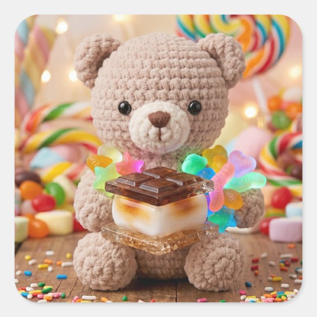 Adesivo Quadrado Urso de Crochê com S'more Candy Land   (Frente)