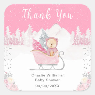 Adesivo Quadrado Urso de Inverno Rosa Sleigh Baby Shower Obrigado