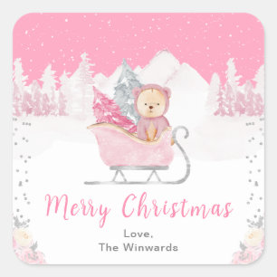 Adesivo Quadrado Urso de Inverno Trenó Rosa Feliz Natal