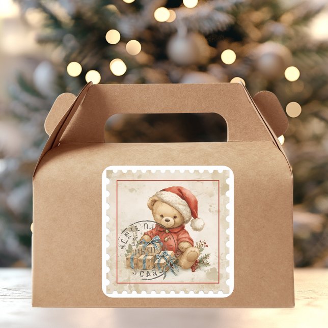 Adesivo Quadrado Urso de Natal Antigo com Selos de Presentes  (Criador carregado)