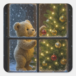 Adesivo Quadrado Urso de Natal decorando uma árvore