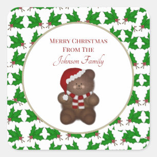 Adesivo Quadrado Urso de Natal e Holly Personalizados