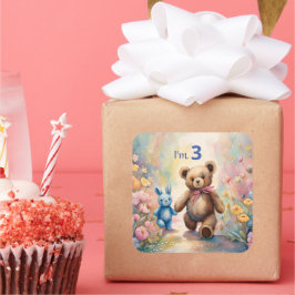 Adesivo Quadrado Urso de pelúcia e coelho num jardim de pastel