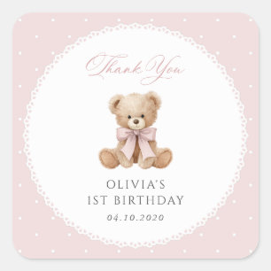 Adesivo Quadrado Urso de Pelúcia, Laço, Bolinhas Cor-de-Rosa, Prime