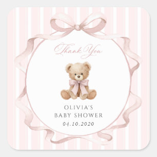 Adesivo Quadrado Urso de Pelúcia, Laço Rosa, Listras Rosa, Chá de B
