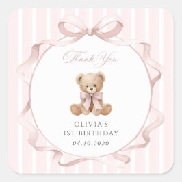 Adesivo Quadrado Urso de Pelúcia, Laço Rosa, Listras Rosas, Primeir