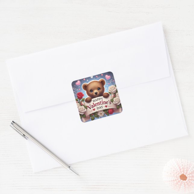 Adesivo Quadrado Urso de Teddy Adorável com Rosas (Envelope)