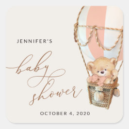 Adesivo Quadrado Urso de Teddy, Balão de Ar Quente Rosa, Chá de fra