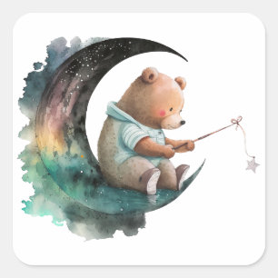 Adesivo Quadrado Urso de Teddy Bonito na Lua, Urso de Cartoons Empu