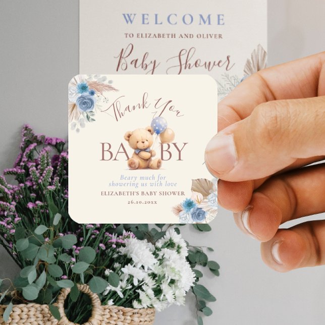 Adesivo Quadrado Urso De Teddy Com Chá de fraldas Azul Rosa (Criador carregado)