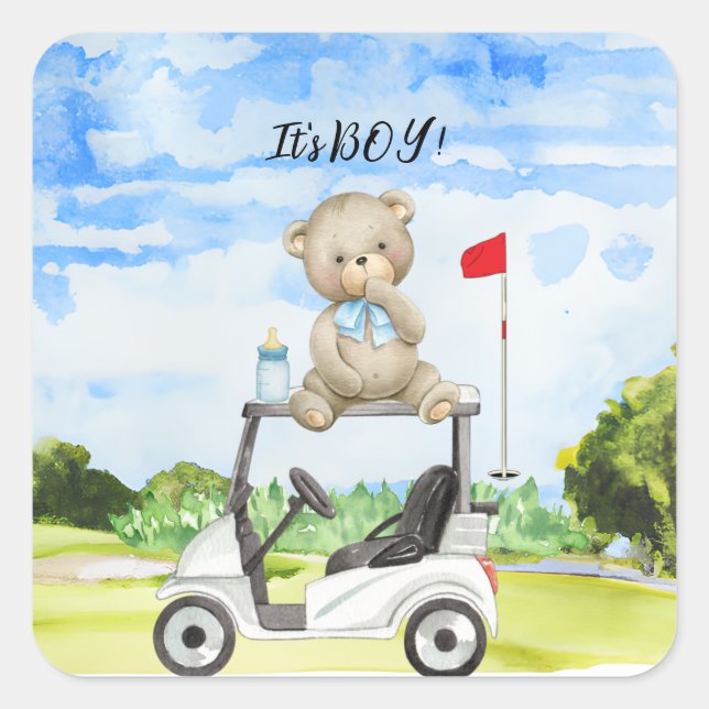 Adesivo Quadrado Urso de Teddy de Golfe É Garoto para Chá de fralda (Frente)