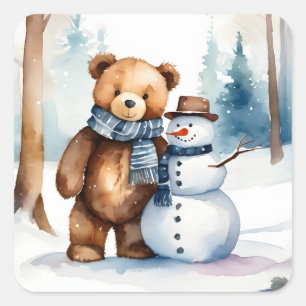 Adesivo Quadrado Urso De Teddy De Inverno E Neve