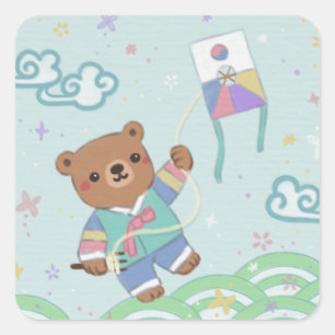 Adesivo Quadrado Urso de Teddy em Hanbok: Voando de Kite