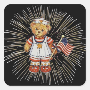 Adesivo Quadrado Urso de Vintage com fogos de artifício brancos mod