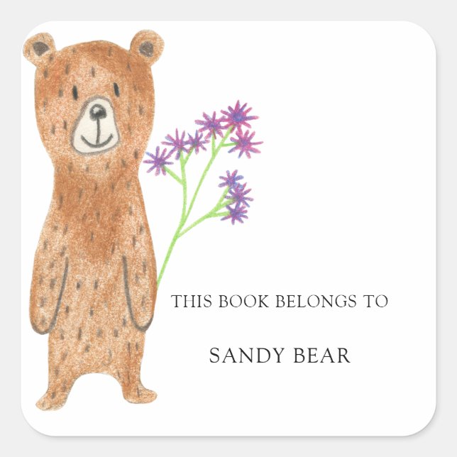 Adesivo Quadrado Urso - Ex-libris para chá de bebê (Frente)