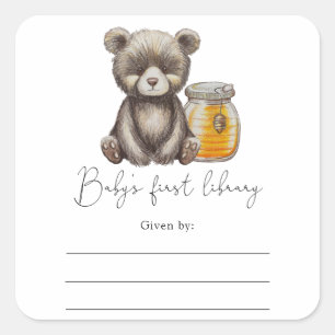 Adesivo Quadrado Urso - Ex-libris para chá de bebê, livros para beb