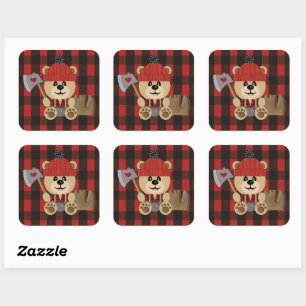 Adesivo Quadrado Urso Lumberjack no Fralda Baby Boy de 3 polegadas