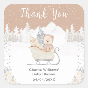 Adesivo Quadrado Urso Marrom de Inverno Trenó Baby Shower Agradecim
