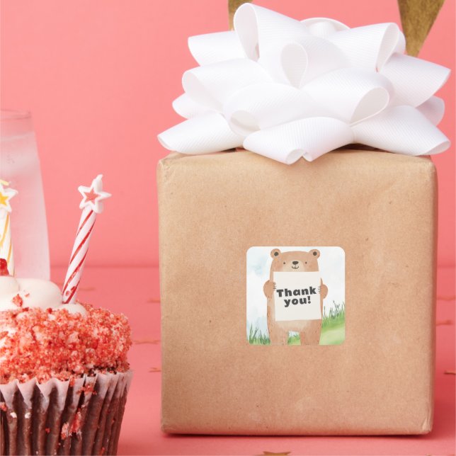 Adesivo Quadrado Urso menino fofo segurando nome ou mensagem (Festa)