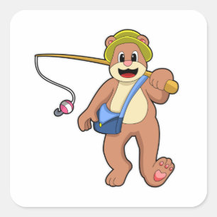 Adesivo Quadrado Urso na pesca com vara de pesca