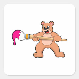 Adesivo Quadrado Urso na Pintura com Pincel e Pintura