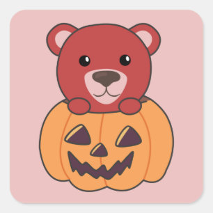 Adesivo Quadrado Urso na Pumpkin Doce Ursos Feliz Quadrado de Hallo