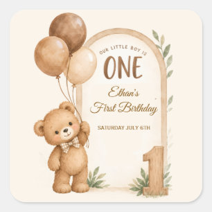 Adesivo Quadrado Urso Neutro Floresta Menino 1º Aniversário