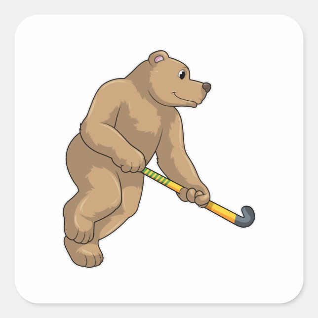 Adesivo Quadrado Urso no Hockey com Taco de Hóquei (Frente)