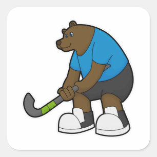 Adesivo Quadrado Urso no Hóquei com bastão de Hóquei
