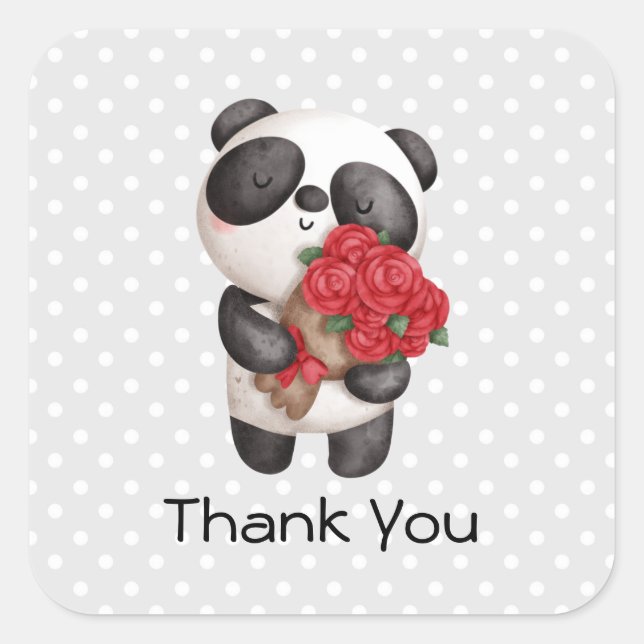 Adesivo Quadrado Urso Panda Bonito com Rose Bouquet (Frente)