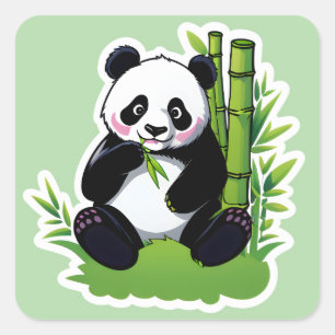 Adesivo Quadrado Urso panda comendo folhas de bambu