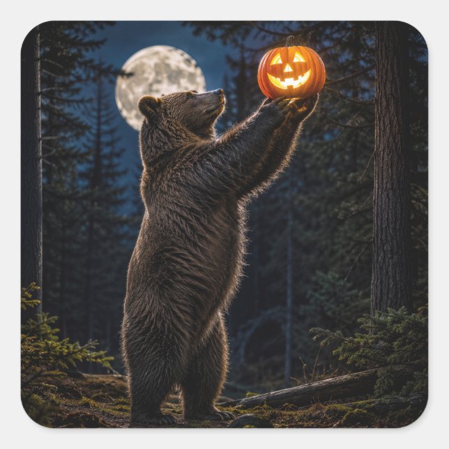 Adesivo Quadrado Urso Pardo de Halloween com Jack-o-Lantern (Frente)